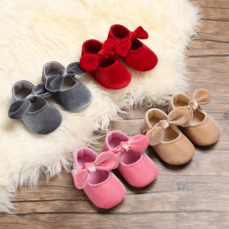 Spring and Autumn 0-1 year old female treasure bowknot pure color princess soft-soled shoes non-slip baby toddler shoes support one generation