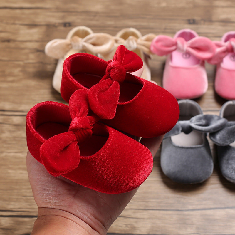 Spring and Autumn 0-1 year old female treasure bowknot pure color princess soft-soled shoes non-slip baby toddler shoes support one generation