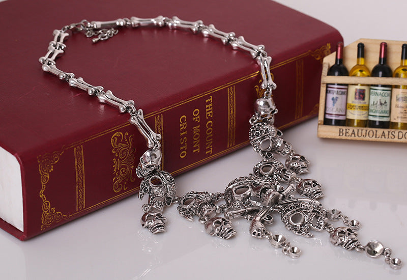 Halloween jewelry accessories European and American retro exaggerated multi-layer skull ghost head tassel alloy necklace wholesale women