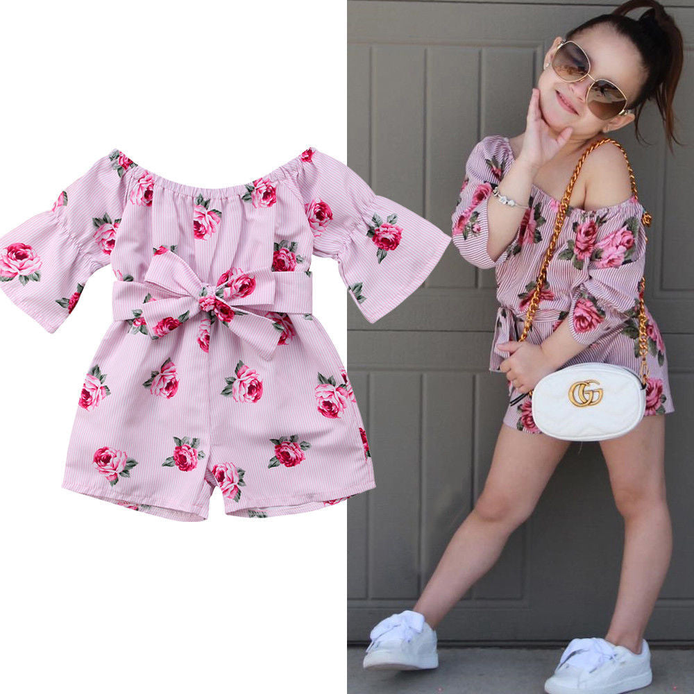ins new rose flower print girls' jumpsuit baby clothes bowknot romper climbing jumpsuit jumpsuit
