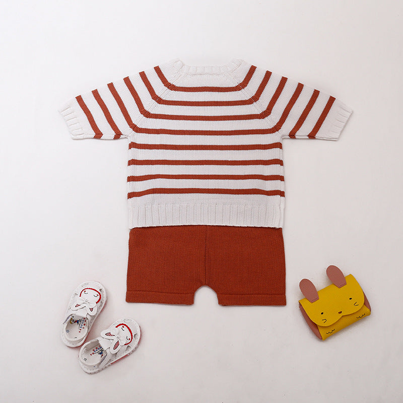 2020 Spring and Autumn Infants and Children Boys and Girls Baby Striped Sweater Tops Pants Two-piece Cotton Suit