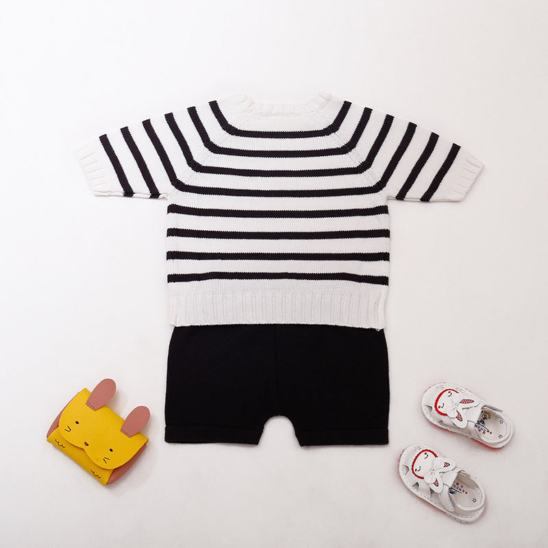 2020 Spring and Autumn Infants and Children Boys and Girls Baby Striped Sweater Tops Pants Two-piece Cotton Suit