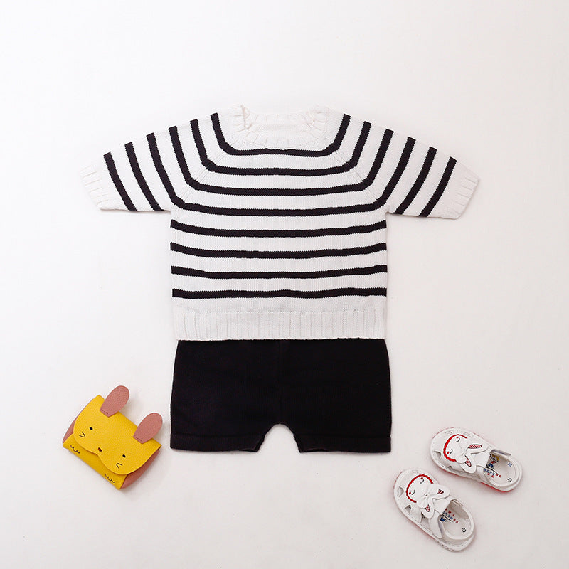 2020 Spring and Autumn Infants and Children Boys and Girls Baby Striped Sweater Tops Pants Two-piece Cotton Suit