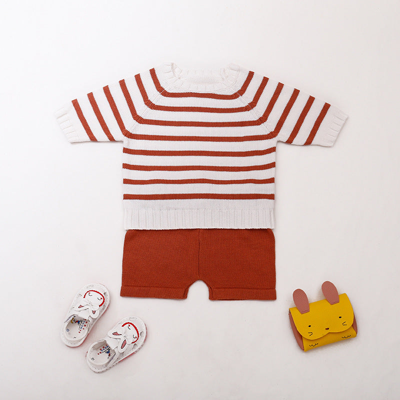 2020 Spring and Autumn Infants and Children Boys and Girls Baby Striped Sweater Tops Pants Two-piece Cotton Suit