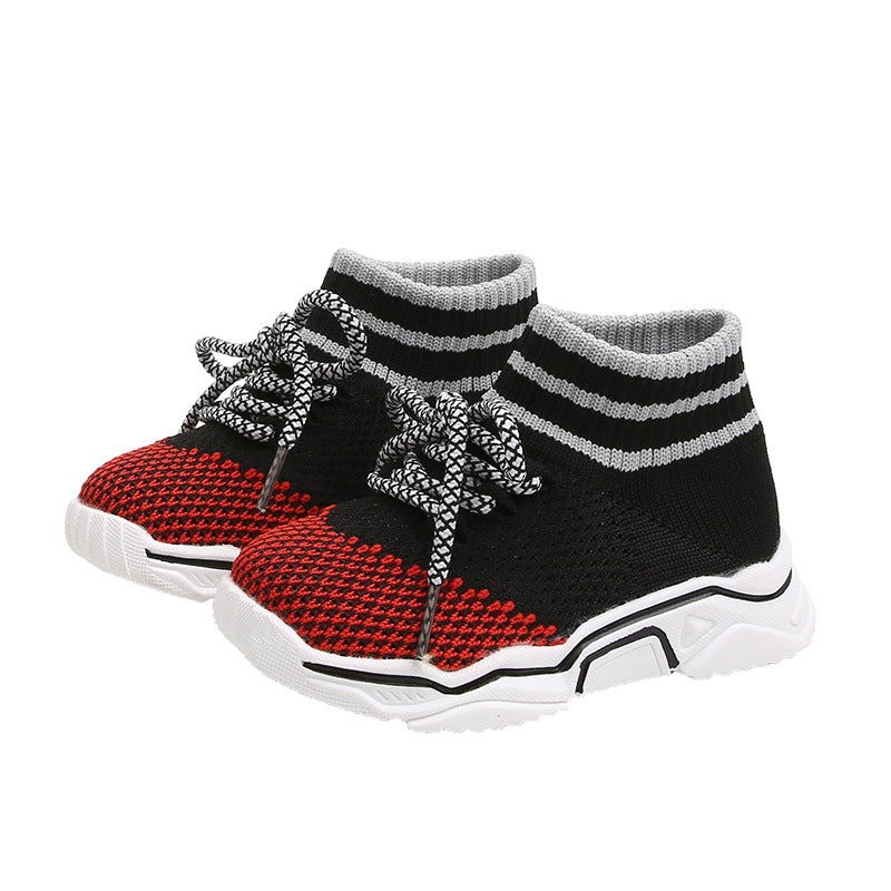 Children's knitted socks shoes boys 2020 spring and autumn breathable Korean sports shoes baby flying knit casual running boots
