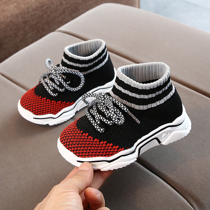 Children's knitted socks shoes boys 2020 spring and autumn breathable Korean sports shoes baby flying knit casual running boots