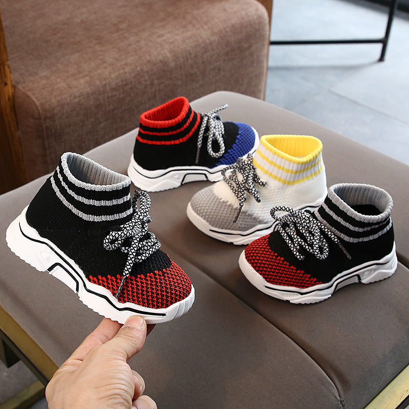 Children's knitted socks shoes boys 2020 spring and autumn breathable Korean sports shoes baby flying knit casual running boots