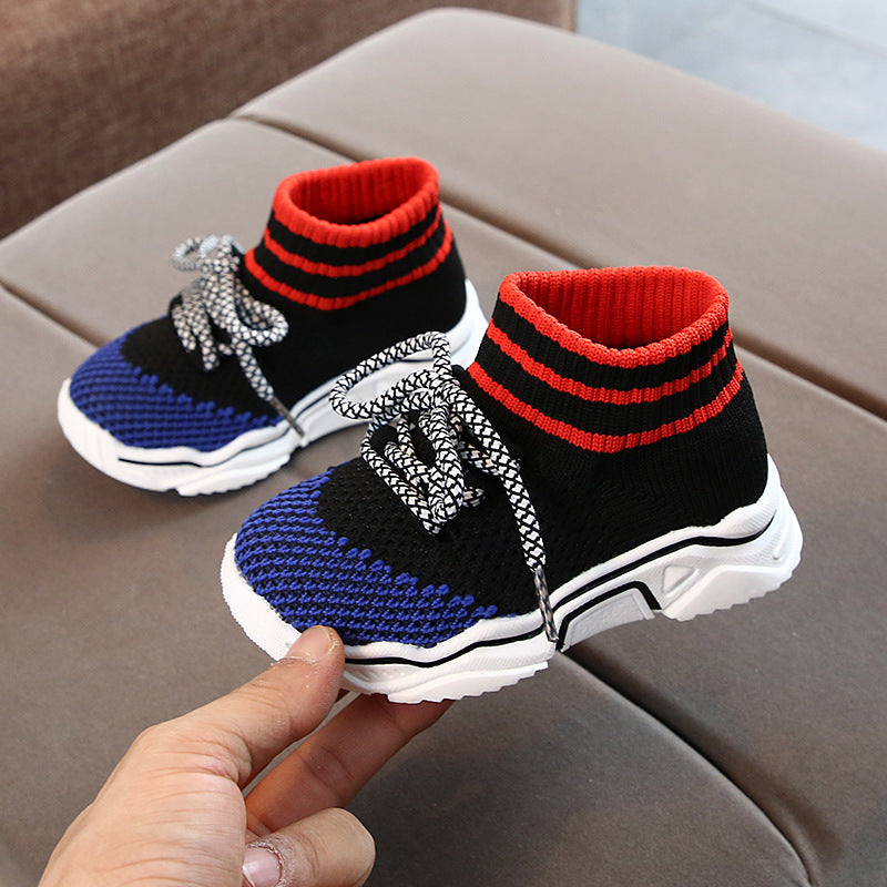 Children's knitted socks shoes boys 2020 spring and autumn breathable Korean sports shoes baby flying knit casual running boots