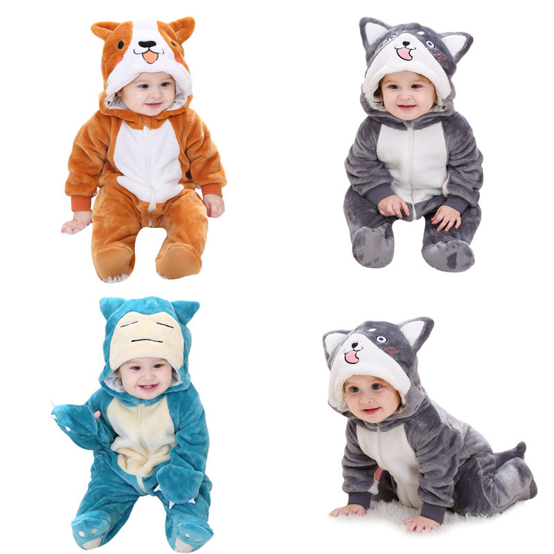 Cartoon animal flannel single-layer romper with baby boys and girls 0-3 years old, Qi Le rabbit children's clothing.