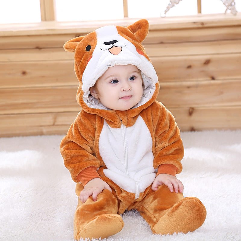 Cartoon animal flannel single-layer romper with baby boys and girls 0-3 years old, Qi Le rabbit children's clothing.