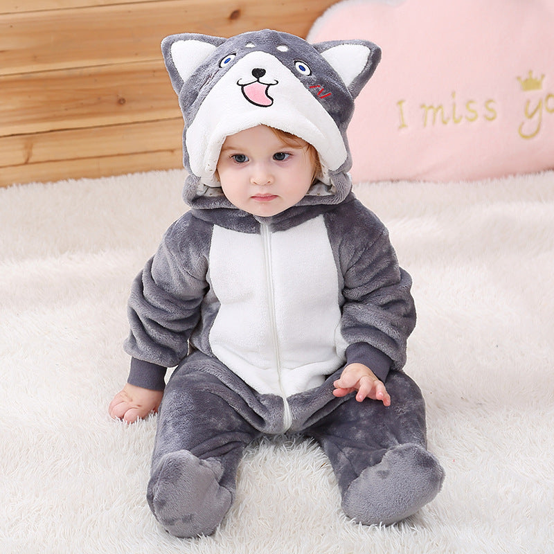 Cartoon animal flannel single-layer romper with baby boys and girls 0-3 years old, Qi Le rabbit children's clothing.