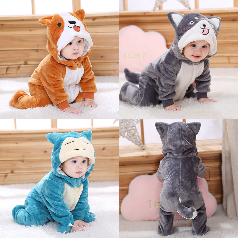 Cartoon animal flannel single-layer romper with baby boys and girls 0-3 years old, Qi Le rabbit children's clothing.