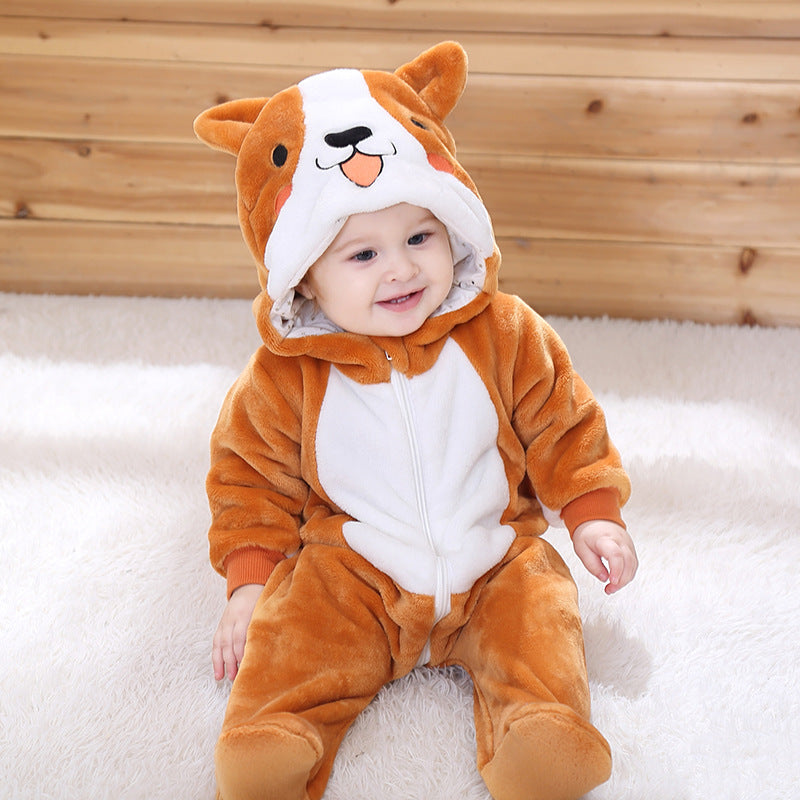 Cartoon animal flannel single-layer romper with baby boys and girls 0-3 years old, Qi Le rabbit children's clothing.