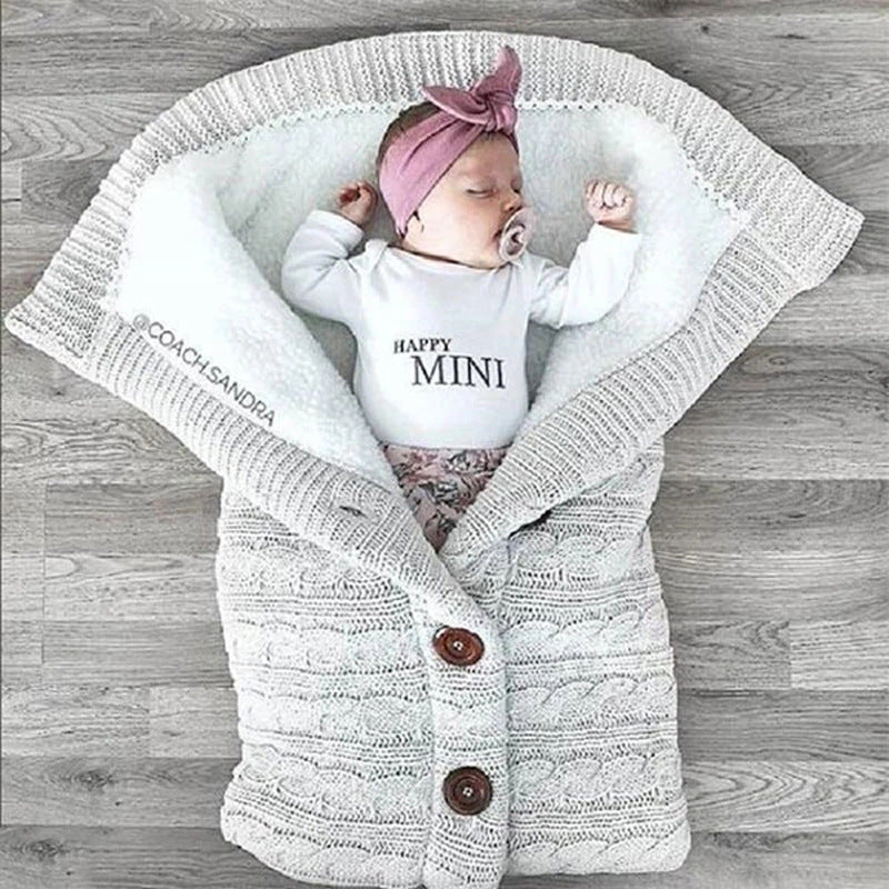 European and American autumn and winter baby stroller sleeping bag outdoor button baby knitted sleeping bag wool plus velvet thick swaddle quilt