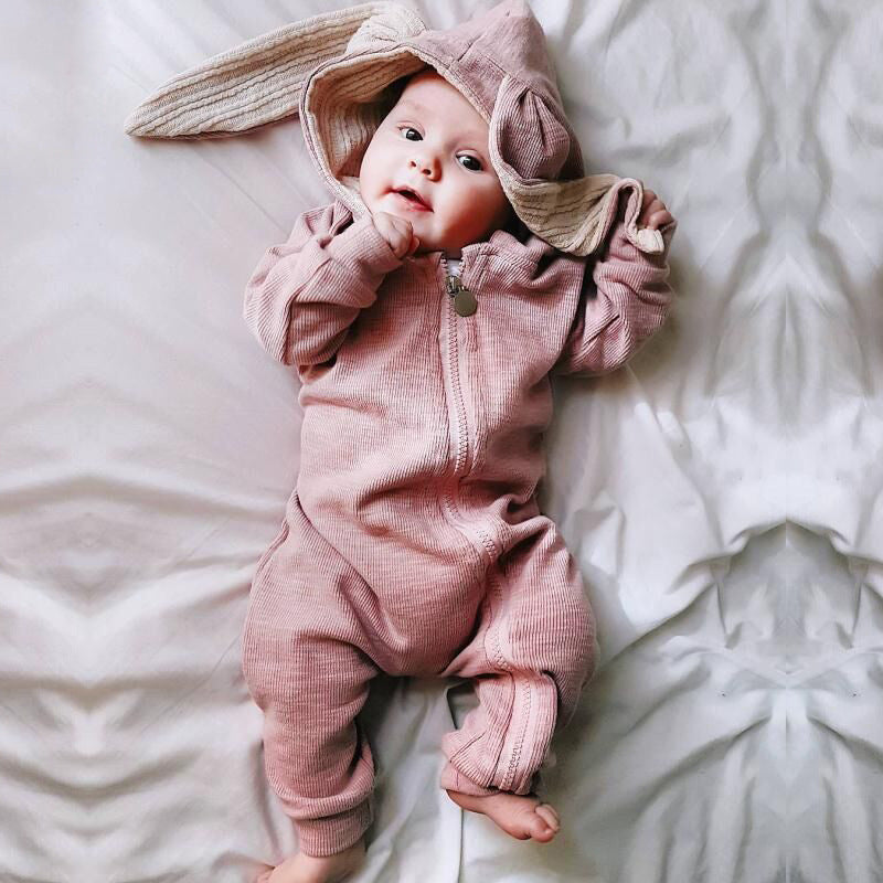 ins baby explosion models men and women baby solid color rabbit ears climbing jacket baby autumn and winter clothing jumpsuit wholesale