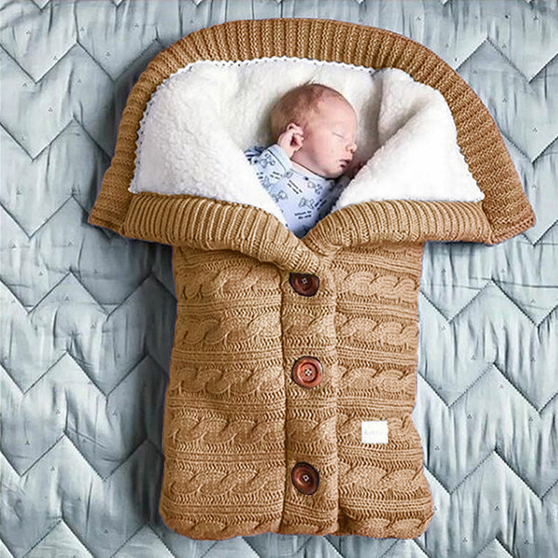 European and American autumn and winter baby stroller sleeping bag outdoor button baby knitted sleeping bag wool plus velvet thick swaddle quilt
