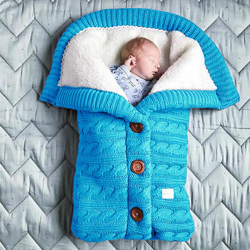 European and American autumn and winter baby stroller sleeping bag outdoor button baby knitted sleeping bag wool plus velvet thick swaddle quilt