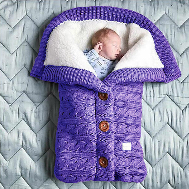 European and American autumn and winter baby stroller sleeping bag outdoor button baby knitted sleeping bag wool plus velvet thick swaddle quilt