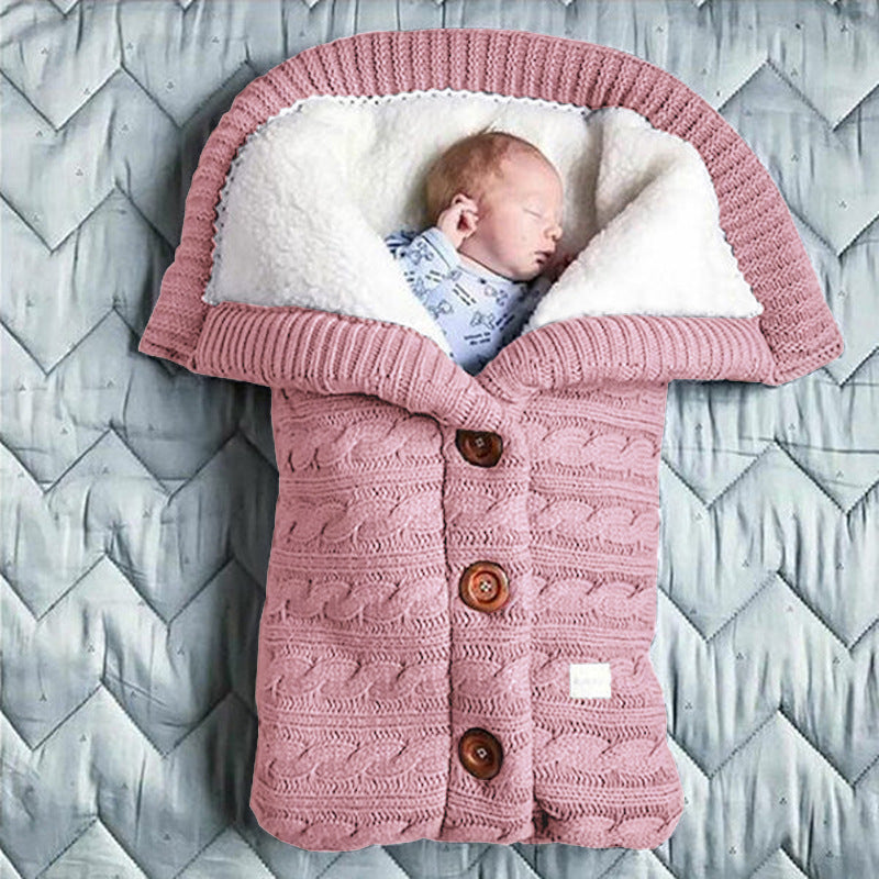 European and American autumn and winter baby stroller sleeping bag outdoor button baby knitted sleeping bag wool plus velvet thick swaddle quilt