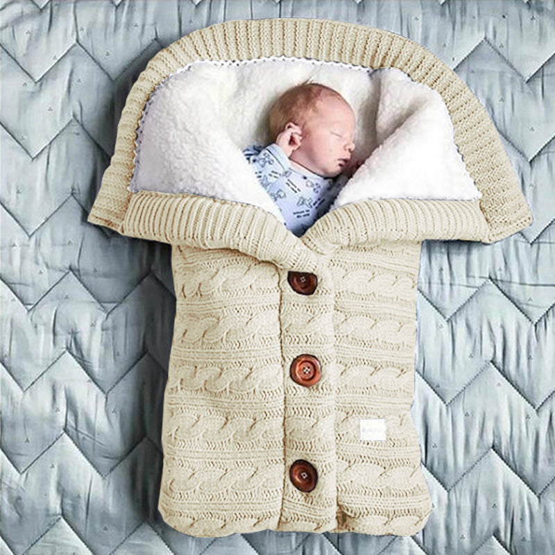 European and American autumn and winter baby stroller sleeping bag outdoor button baby knitted sleeping bag wool plus velvet thick swaddle quilt