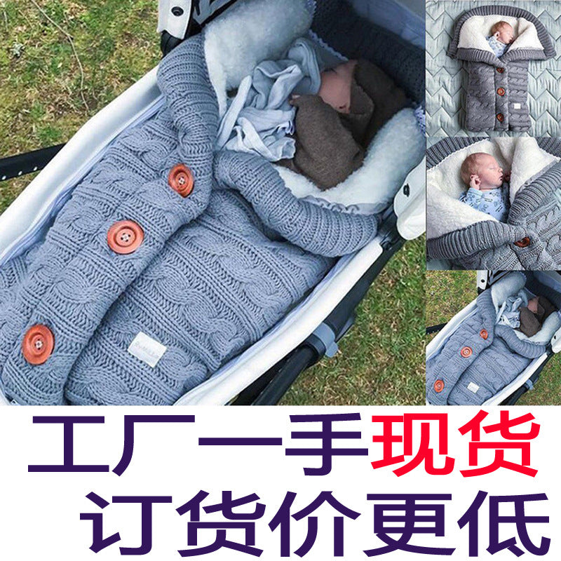European and American autumn and winter baby stroller sleeping bag outdoor button baby knitted sleeping bag wool plus velvet thick swaddle quilt