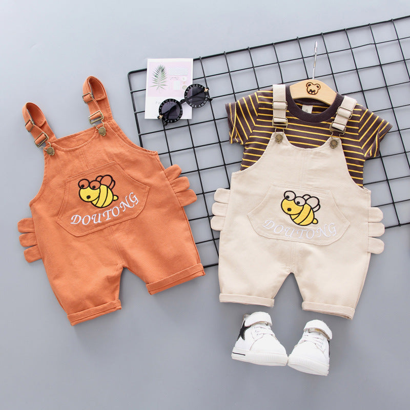 Foreign trade children's clothing summer new bee overalls baby cartoon suit boy striped short-sleeved T-shirt two-piece set
