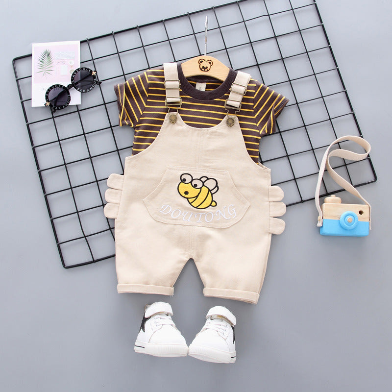 Foreign trade children's clothing summer new bee overalls baby cartoon suit boy striped short-sleeved T-shirt two-piece set