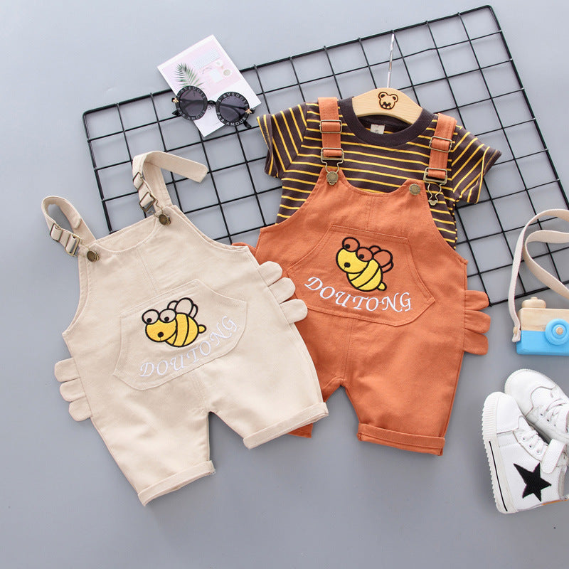 Foreign trade children's clothing summer new bee overalls baby cartoon suit boy striped short-sleeved T-shirt two-piece set
