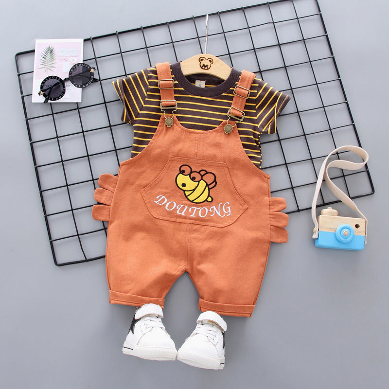 Foreign trade children's clothing summer new bee overalls baby cartoon suit boy striped short-sleeved T-shirt two-piece set
