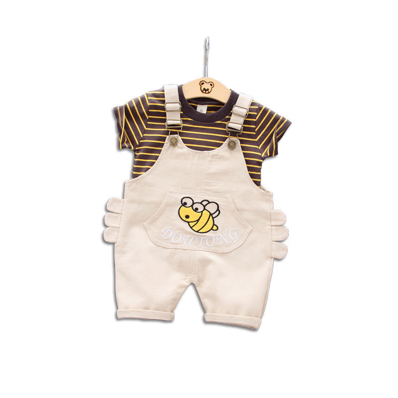 Foreign trade children's clothing summer new bee overalls baby cartoon suit boy striped short-sleeved T-shirt two-piece set