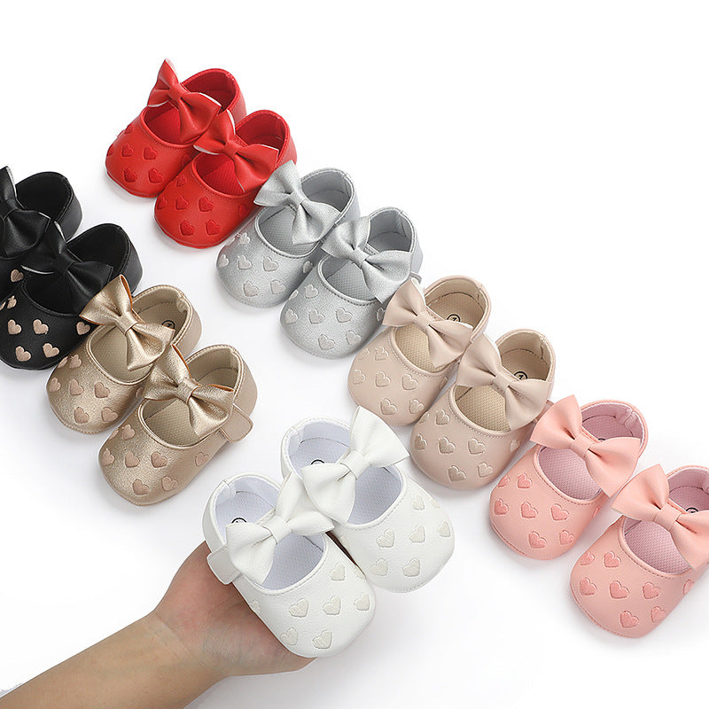 Spring and Autumn Style Embroidered Heart Bow Baby Learning Shoes 0-1 Years Old Boys and Girls Soft Sole Indoor Shoes