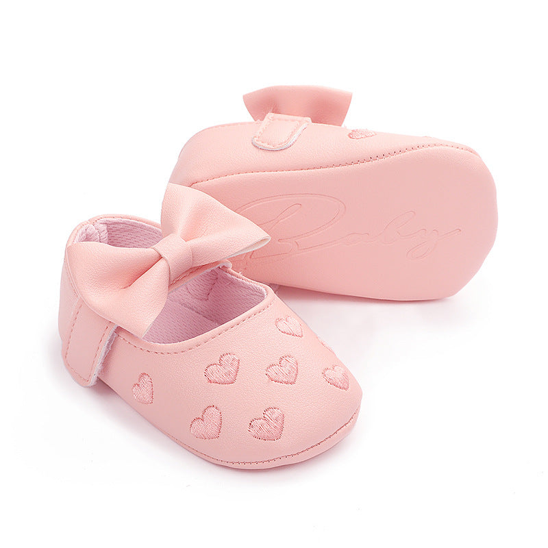 Spring and Autumn Style Embroidered Heart Bow Baby Learning Shoes 0-1 Years Old Boys and Girls Soft Sole Indoor Shoes