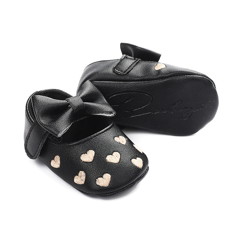 Spring and Autumn Style Embroidered Heart Bow Baby Learning Shoes 0-1 Years Old Boys and Girls Soft Sole Indoor Shoes