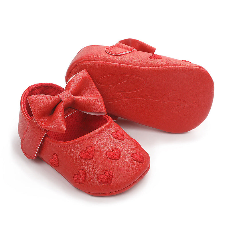 Spring and Autumn Style Embroidered Heart Bow Baby Learning Shoes 0-1 Years Old Boys and Girls Soft Sole Indoor Shoes