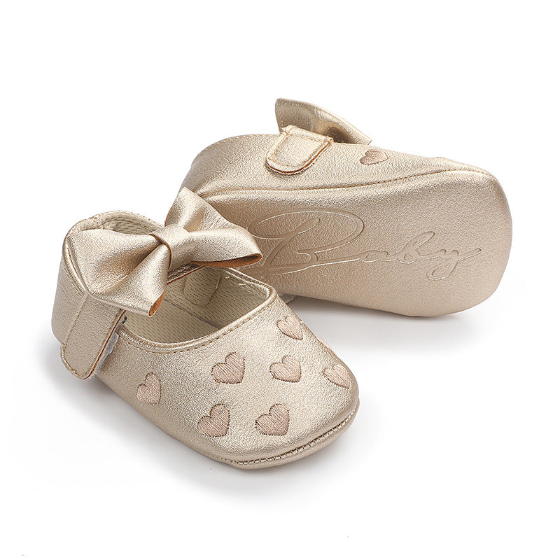 Spring and Autumn Style Embroidered Heart Bow Baby Learning Shoes 0-1 Years Old Boys and Girls Soft Sole Indoor Shoes
