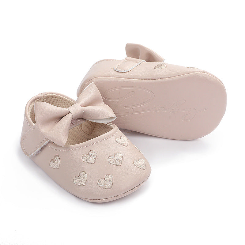 Spring and Autumn Style Embroidered Heart Bow Baby Learning Shoes 0-1 Years Old Boys and Girls Soft Sole Indoor Shoes