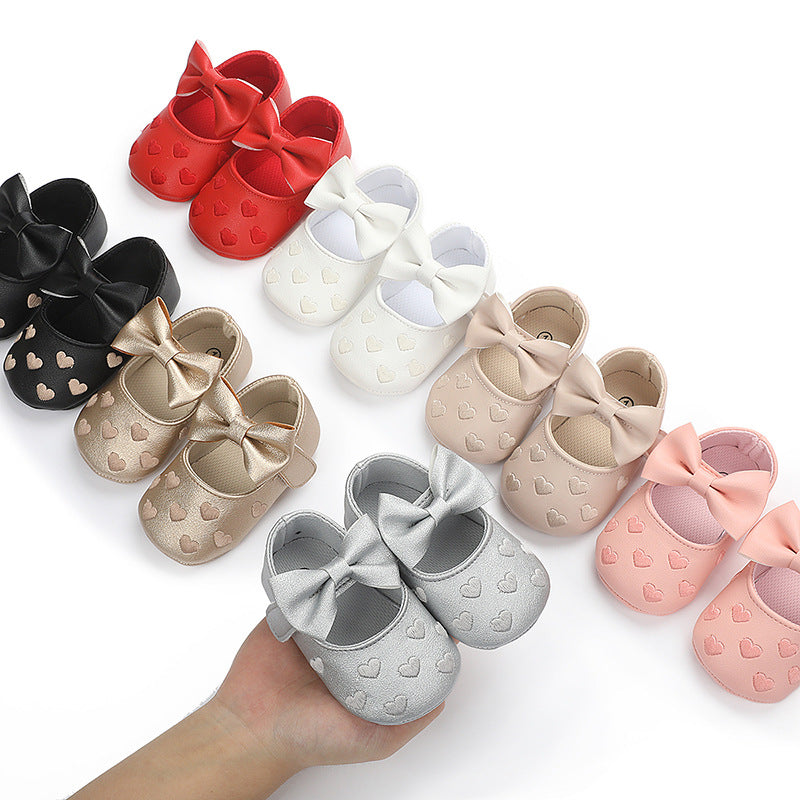 Spring and Autumn Style Embroidered Heart Bow Baby Learning Shoes 0-1 Years Old Boys and Girls Soft Sole Indoor Shoes