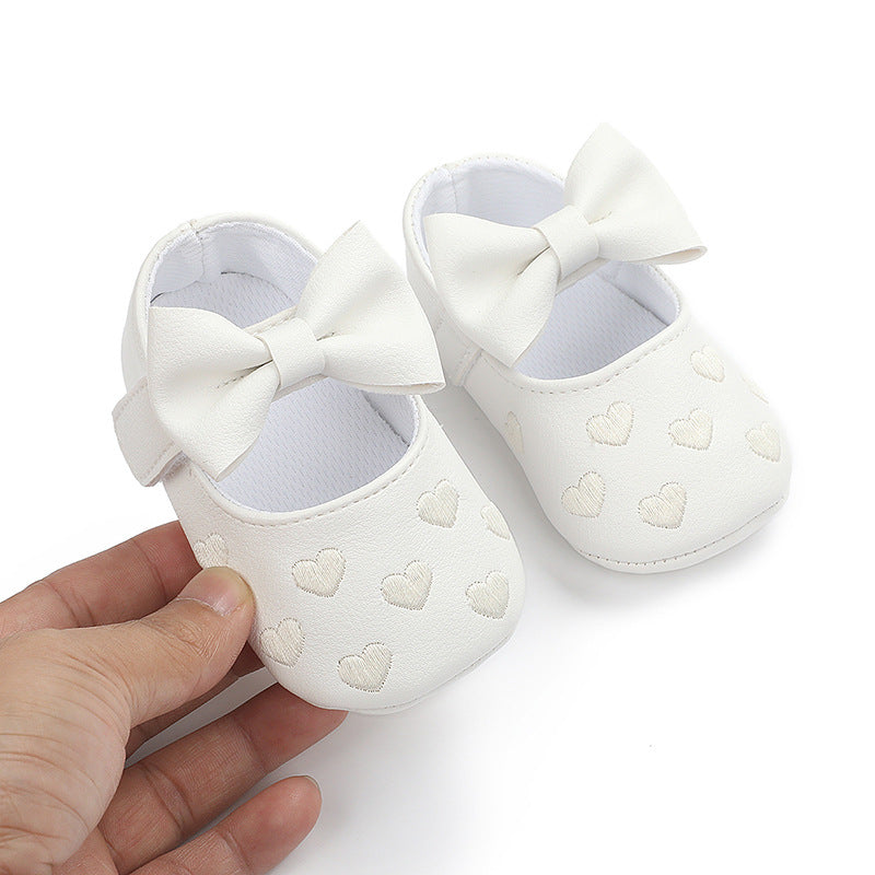 Spring and Autumn Style Embroidered Heart Bow Baby Learning Shoes 0-1 Years Old Boys and Girls Soft Sole Indoor Shoes