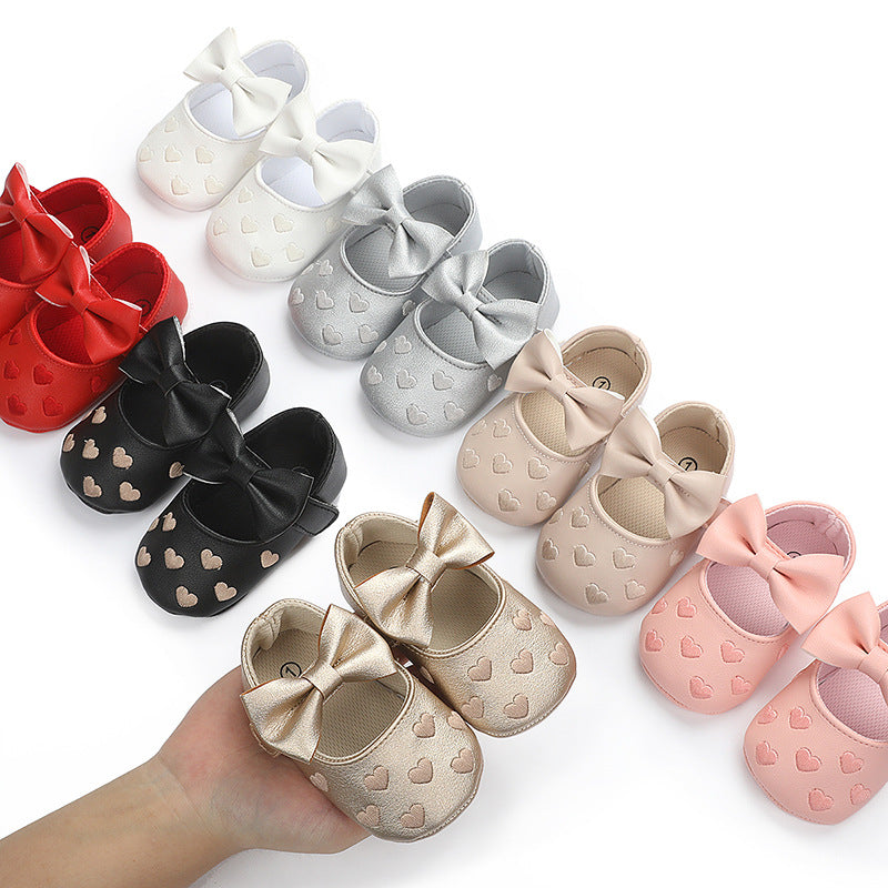 Spring and Autumn Style Embroidered Heart Bow Baby Learning Shoes 0-1 Years Old Boys and Girls Soft Sole Indoor Shoes