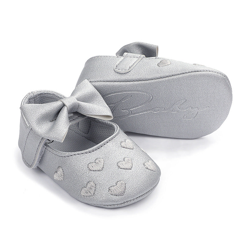 Spring and Autumn Style Embroidered Heart Bow Baby Learning Shoes 0-1 Years Old Boys and Girls Soft Sole Indoor Shoes