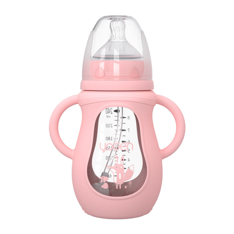 Baby glass bottle newborn wide caliber pacifier with straw silicone anti-fall cover baby feeding weaning artifact