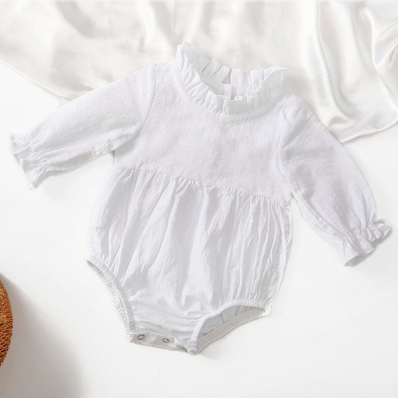 Cross-border new long-sleeved cotton and linen newborn harem solid color flying sleeves lace neckline baby jumpsuit children's harem