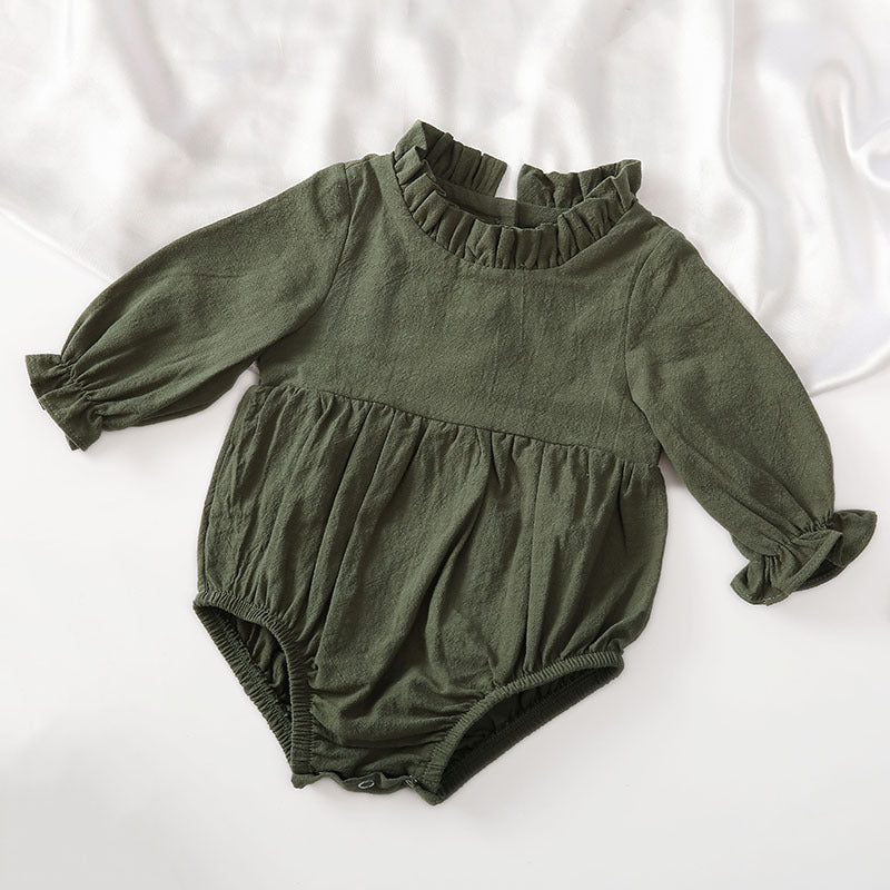 Cross-border new long-sleeved cotton and linen newborn harem solid color flying sleeves lace neckline baby jumpsuit children's harem