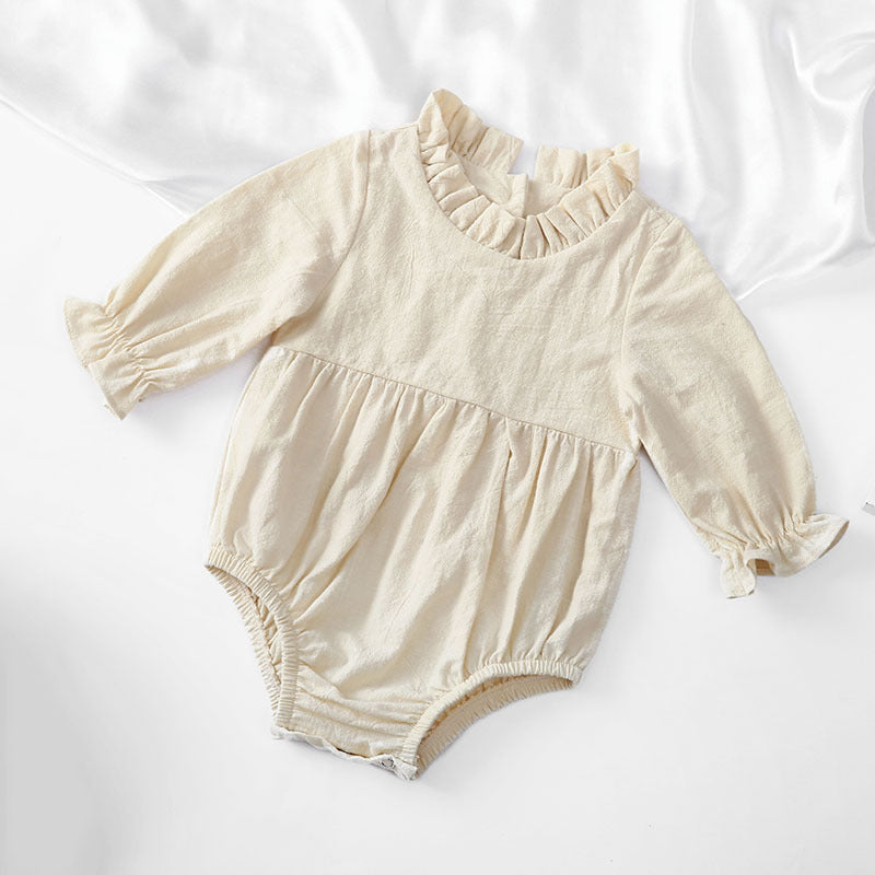 Cross-border new long-sleeved cotton and linen newborn harem solid color flying sleeves lace neckline baby jumpsuit children's harem