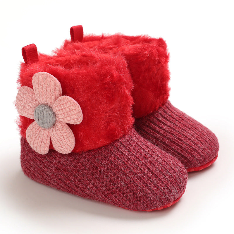 Autumn and winter 0-1 year old cotton shoes for girls plus velvet snow boots warm soft sole baby shoes toddler shoes