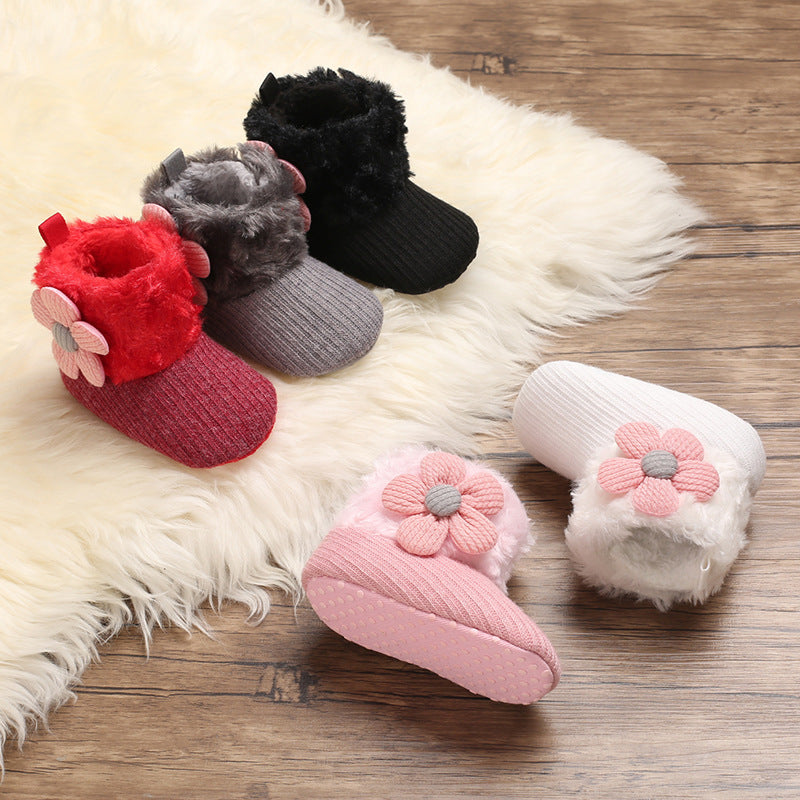 Autumn and winter 0-1 year old cotton shoes for girls plus velvet snow boots warm soft sole baby shoes toddler shoes