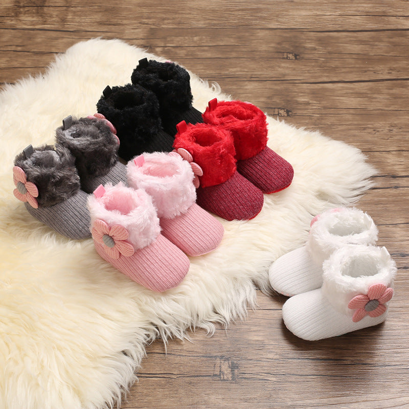 Autumn and winter 0-1 year old cotton shoes for girls plus velvet snow boots warm soft sole baby shoes toddler shoes