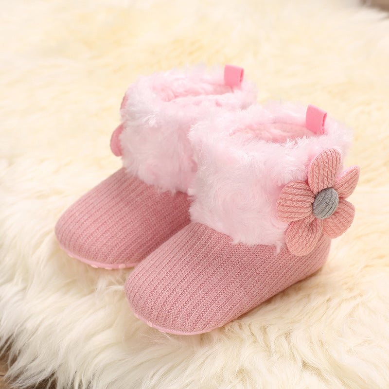 Autumn and winter 0-1 year old cotton shoes for girls plus velvet snow boots warm soft sole baby shoes toddler shoes