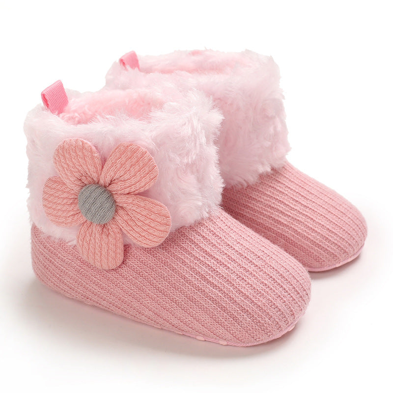 Autumn and winter 0-1 year old cotton shoes for girls plus velvet snow boots warm soft sole baby shoes toddler shoes