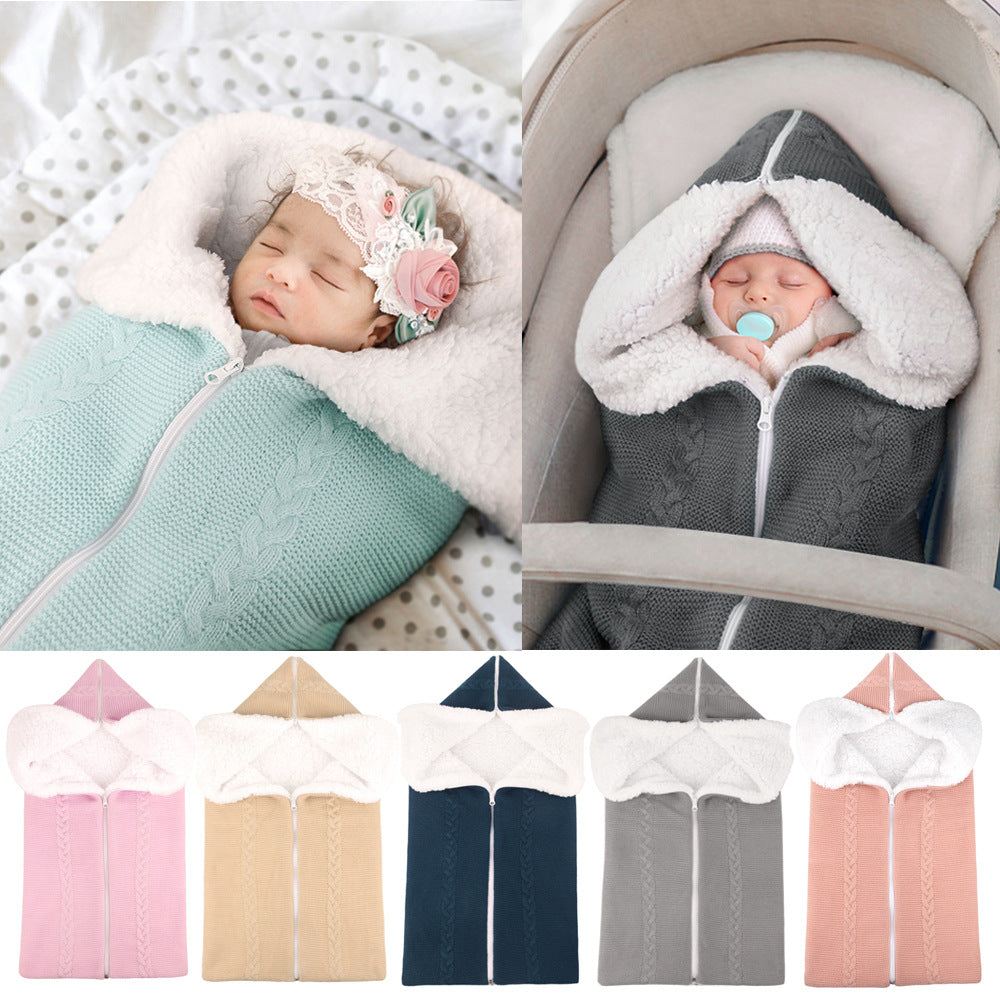 Hot sale new wool knitted plus velvet baby sleeping bag baby swaddle stroller zipper sleeping bag cover blanket two in one